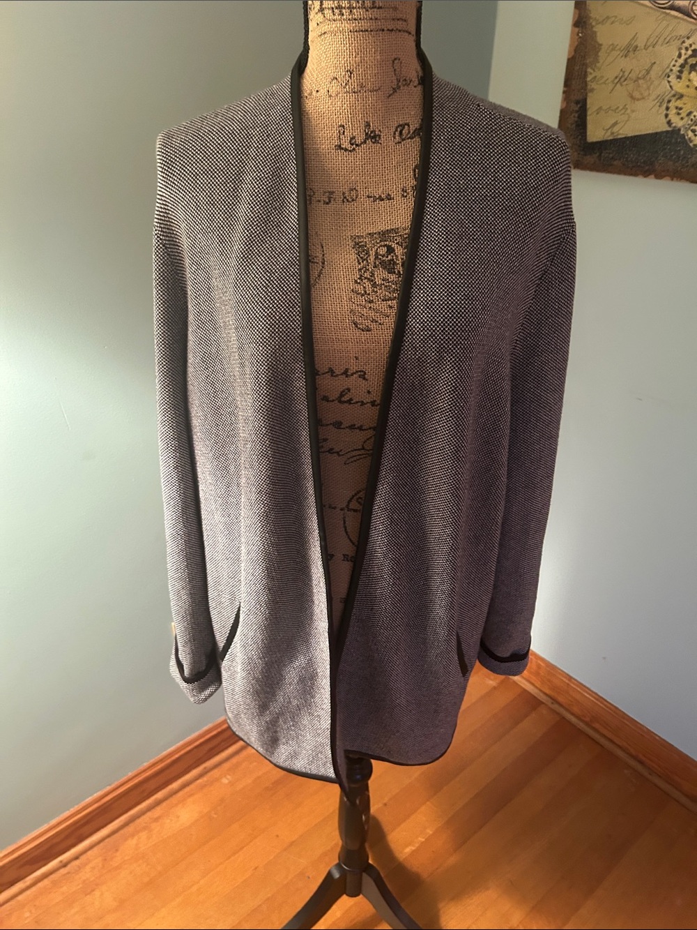 Chico's Heather Gray Open-Front Knit Blazer with Black Trim